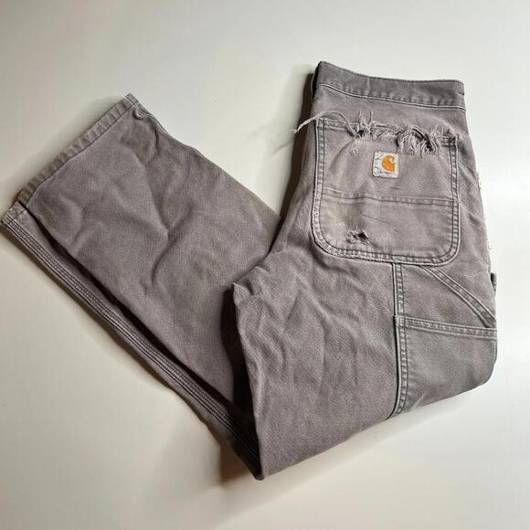 Vintage Carhartt Double Knee Work Pants Gray Distressed Paint Stains Rip W30 L28 - Picture 1 of 15
